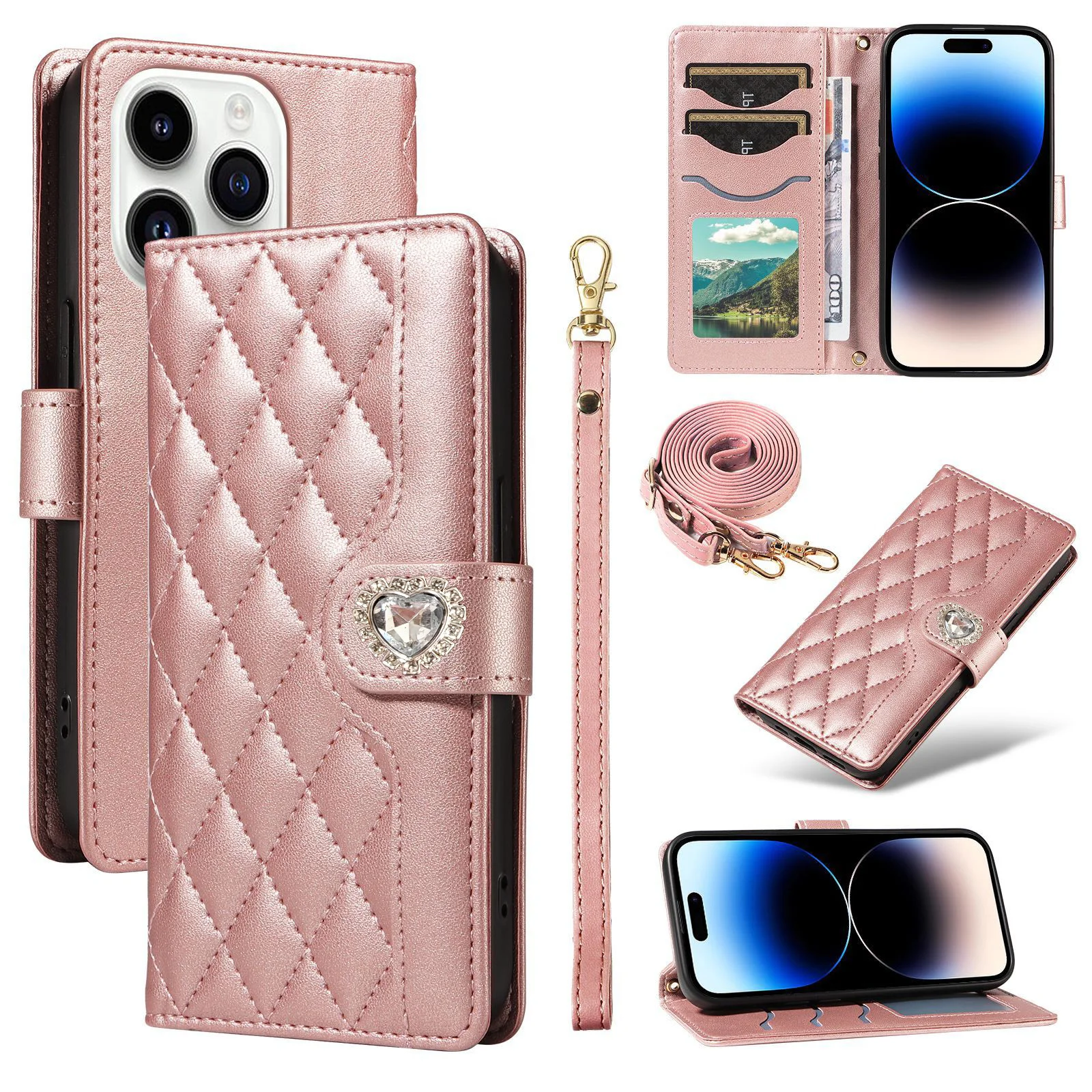 Elegant Diamond Leather Crossbody Flip Wallet Case with Wrist Strap and Card Slots
