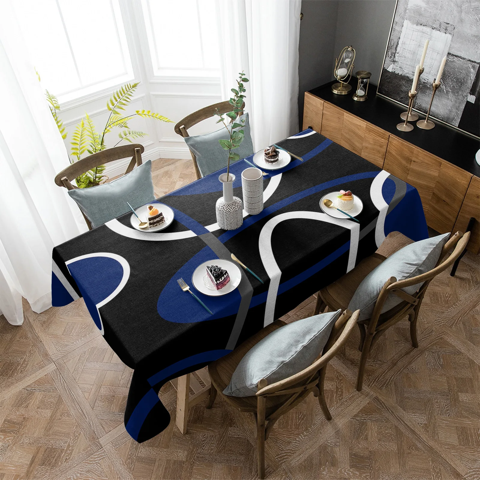 

Водонепроницаемая скатерть с абстрактными линиями, прямоугольная ткань синего и черного цвета для кухонного стола, декоративные принадлежности