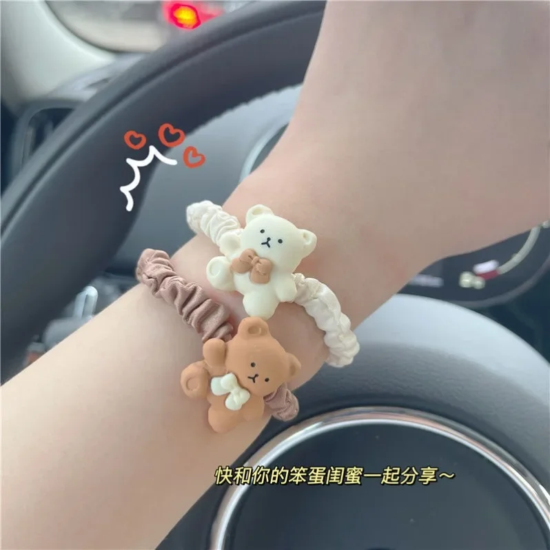 Korean Version of New Coffee Colored Small Intestine Circle Hair Rope Bear Head Rope Milk Tea Colored Girl Pleated Hair Circle 10mm thick rope mobile phone lanyard spacer adjustable anti theft phone strap no 17 coffee beige