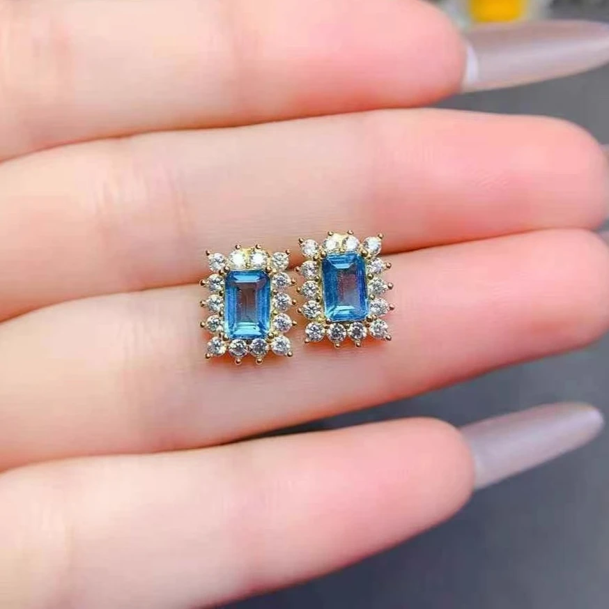 Klassische herzförmige Ohrstecker, 6 mm, natürlicher Topas-Ohrringe, massiver 925er Silber, Londoner Blautopas mit vergoldetem Schmuck – Detail 8