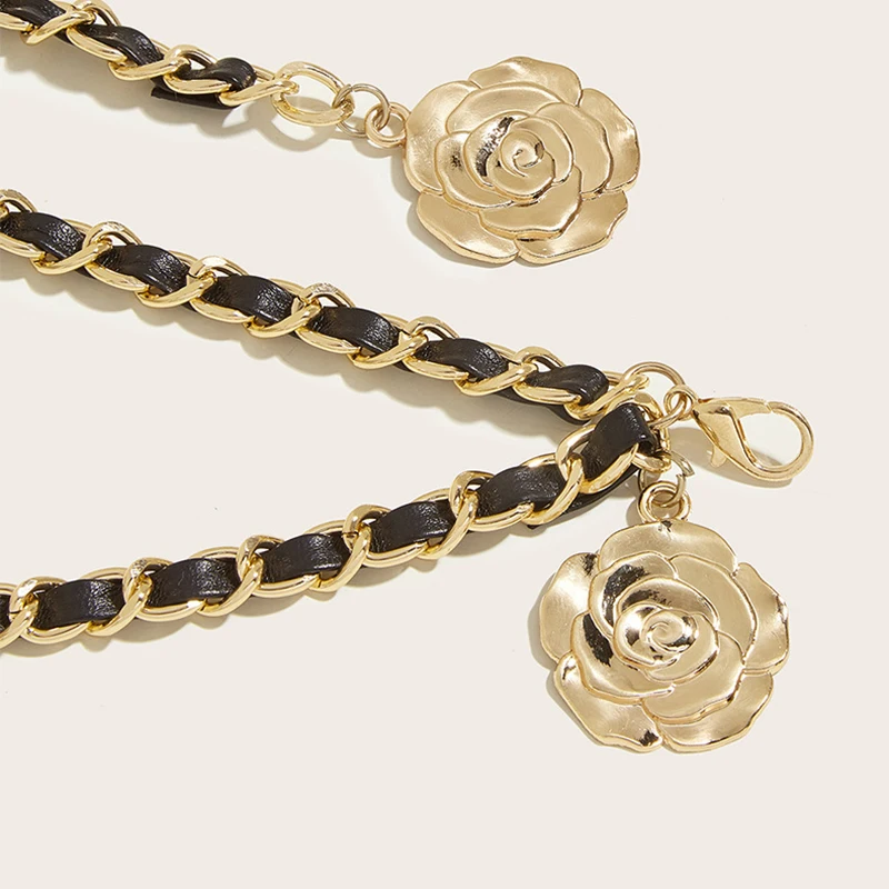 Metall Taille Kette Gürtel Frauen runde Blume Anhänger Ketten riemen Seil weibliche feine Bund Kleid Hemd Taille schließen Gürtel – Detail 7