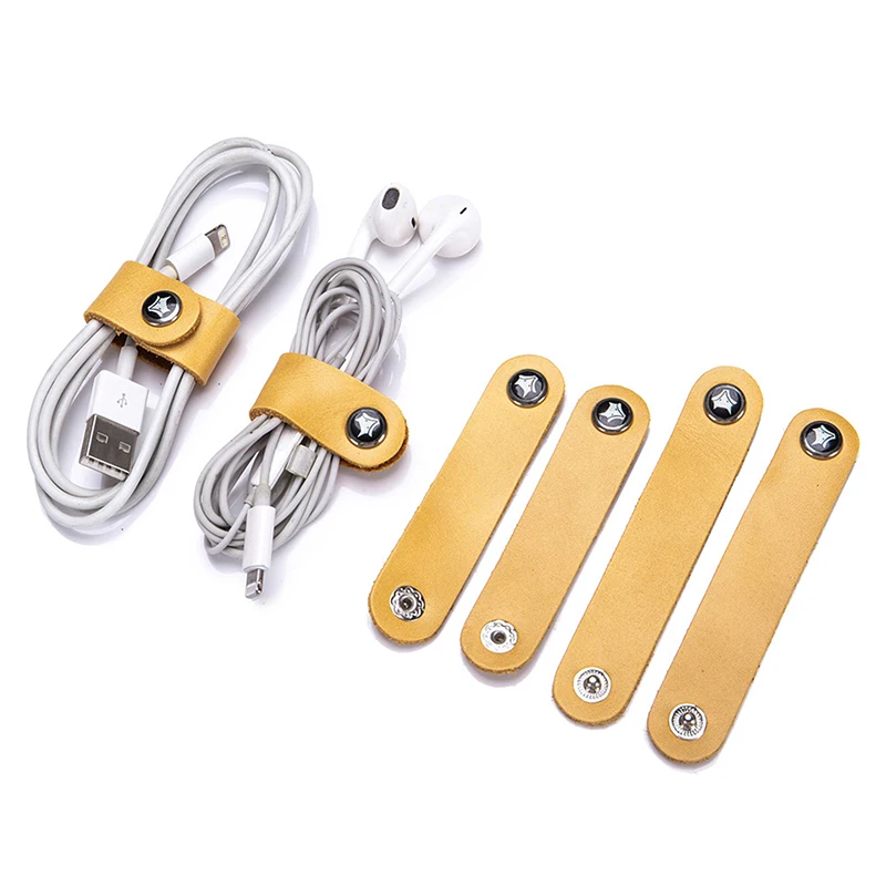 

4Pcs High Quality Cowhide Leather Cord Winder Straps Headphone Cable Charging Cable Storage Holder Desktop Data Cable Organizers