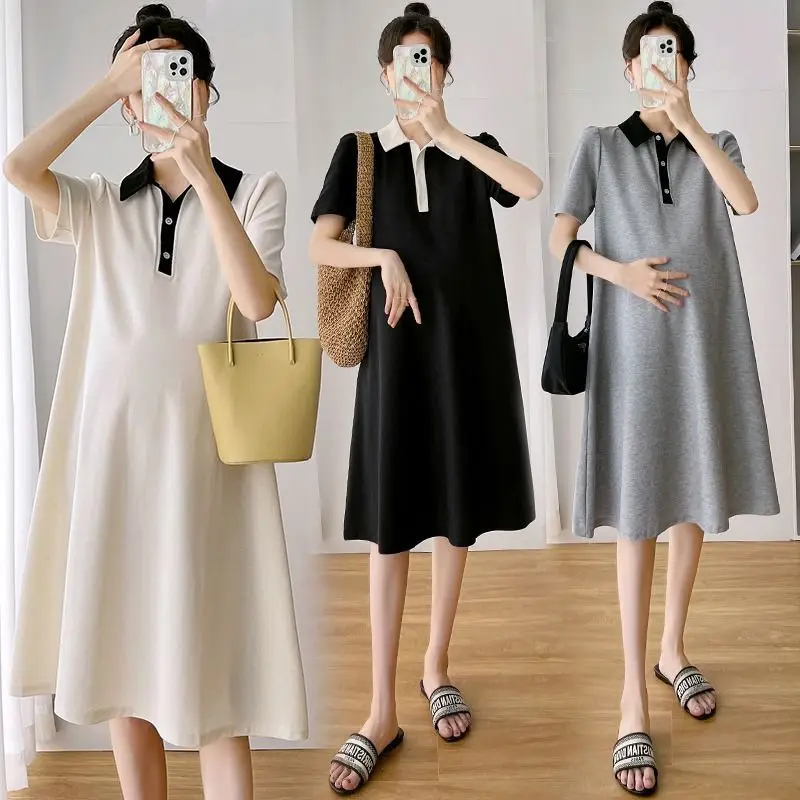 Summer Pregnant Women Dresses Maternity Lapel Dress Pregnancy Solid Color Loose Knee A Skirt Female Girls Casual Clothes womens dresses