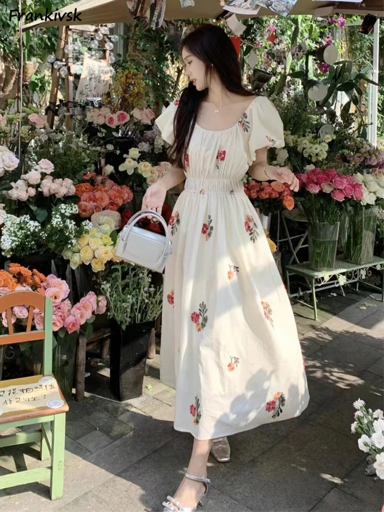 

Puff Sleeve Dresses Women Slim Mori Girl Style Floral Sweet Spring Summer Daily All-match Advanced Elegant Stretchy Ins Street