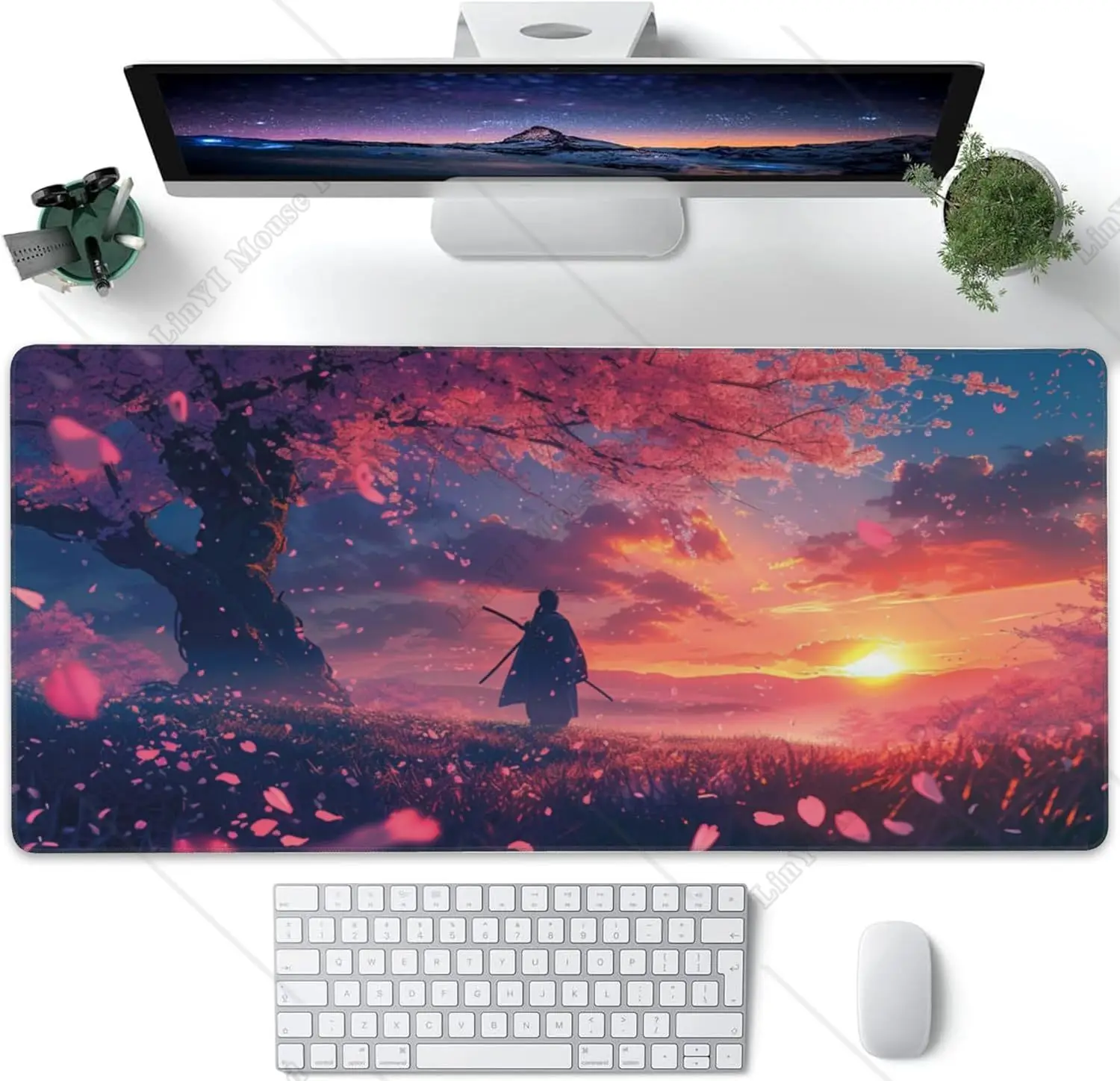 

Samurai and Cherry Blossoms Large Large Gaming Mouse Pad with Non-Slip Rubber Base Stitched Edges for Home Office 35.4X15.7 In