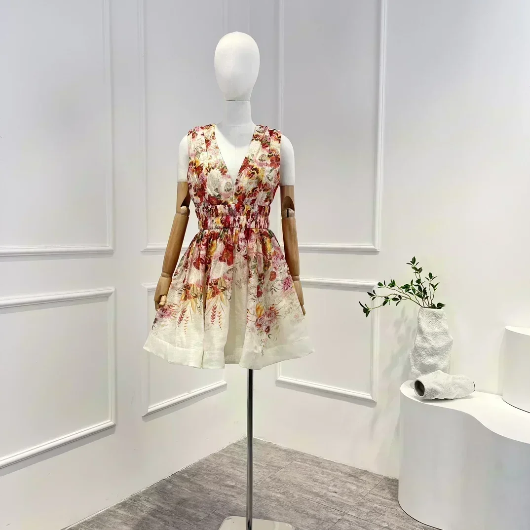 

Женское платье-мини с цветочным принтом, V-образным вырезом, без рукавов