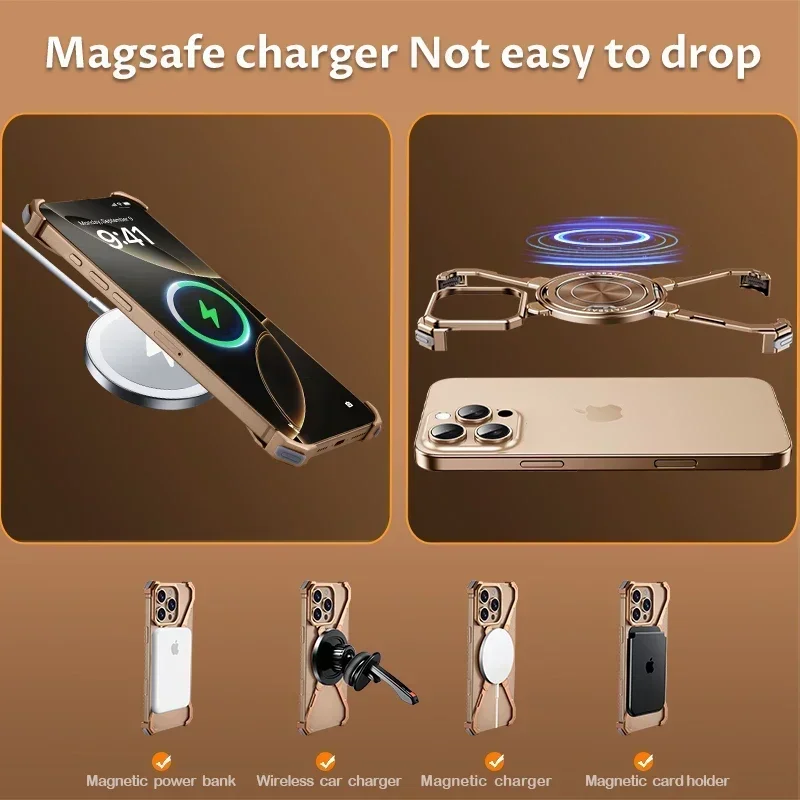 Eary Minimalist Phone Case for iPhone 17 16 15 14 13 Pro Max with MagSafe Stand 360° Rotatable Aluminum Metal Frameless Cover