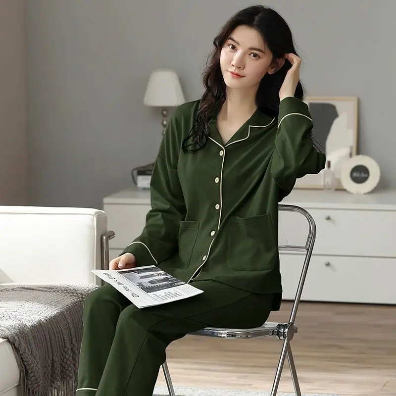 2024 New 100% Cotton Pajamas Women's Spring Autumn Long Sleeve Sleepwear Suit Cardigan Large Size Loose Casual Spring Homewear