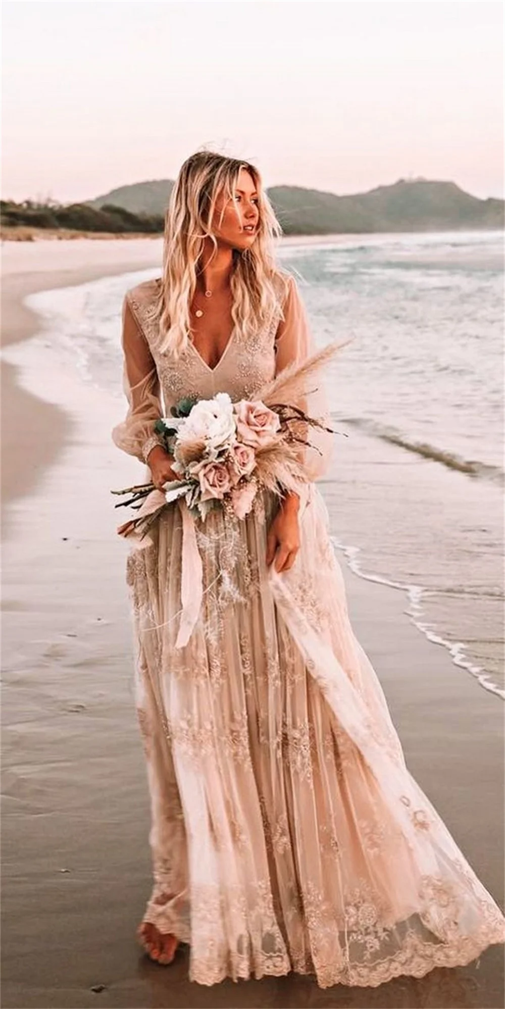 Boho Lace Embroidered Wedding Dress Long Sleeve Deep V Neck Flowy Lace Skirt Beach Bridal свадебное+платье