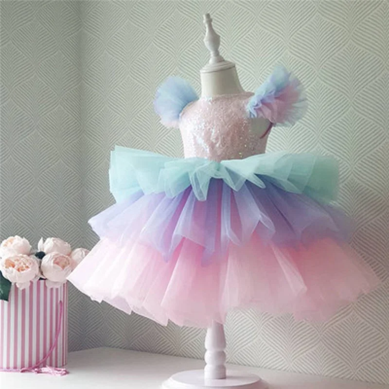 Ragazze Rainbow Unicorn Princess Dress Cake Layers Abito Da Ballo Per Bambini Bambini Wedding Evening Formal Party Pageant Vestidos