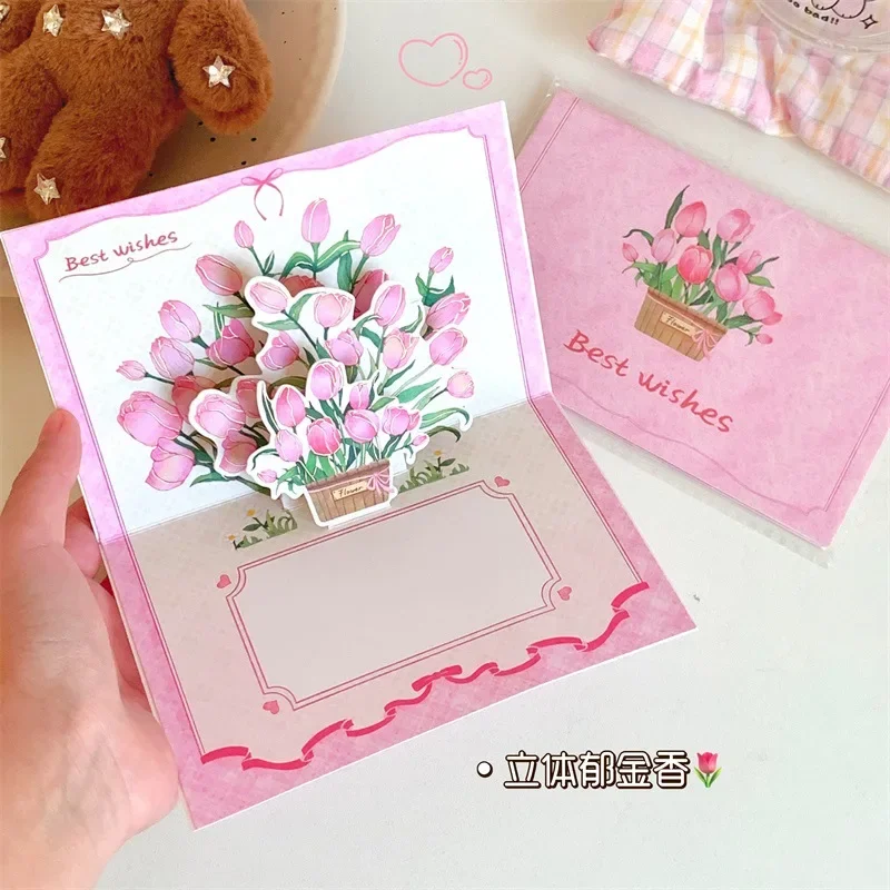 2pcs Cute Tulip 3D Greeting Card Flower Pop Up Cards with Envelope for Kids Adult Teacher Happy Birthday Gift