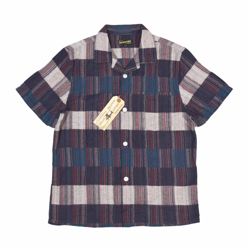 

BOB DONG Mix Stripe And Check Shirt Vintage Fashion Men Casual Short Sleeve