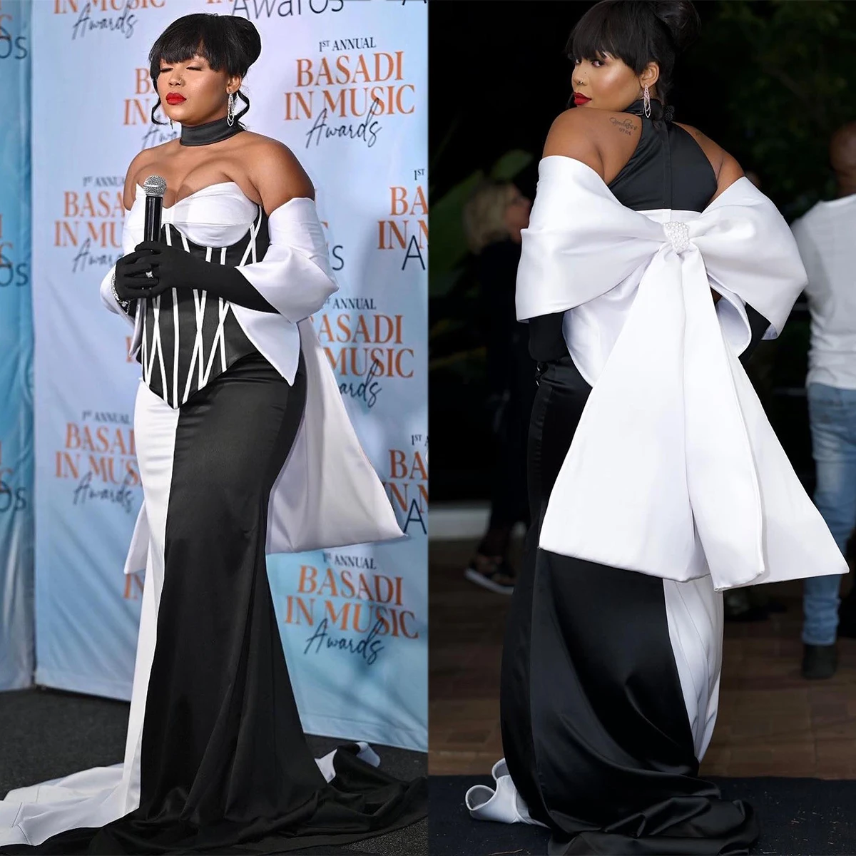 

African Fashion Evening Dress Contrast Colors Off Shoulder Prom Dresses With Big Bow Show Events Party Gowns