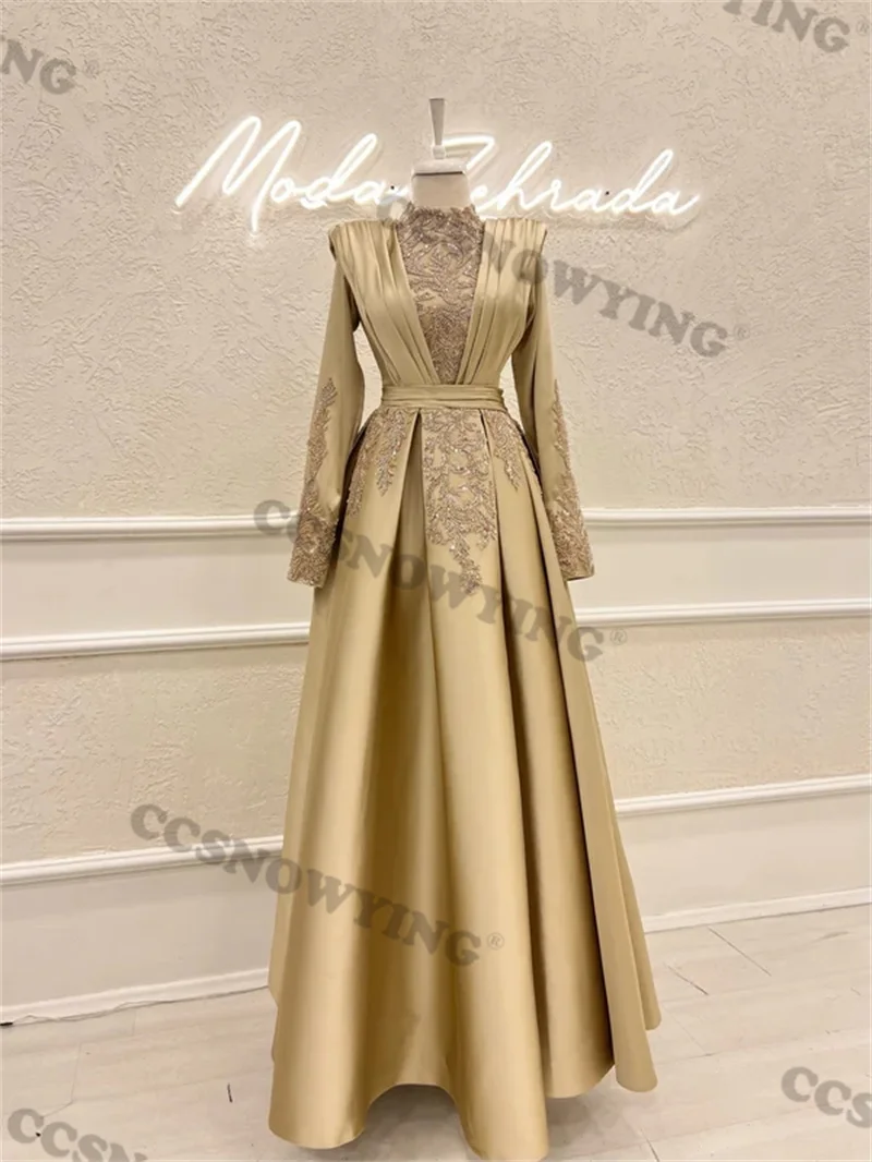 

Long Sleeve High Neck Hijab Muslim Evening Dresses Islamic Satin Appliques Women Formal Party Gown Arabic Dubai Robes De Soirée