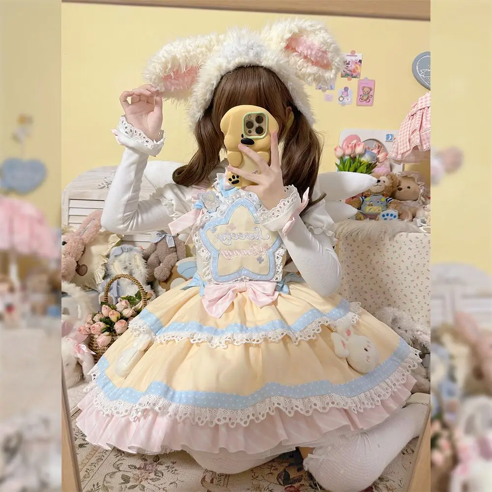Sweet Lolita Sleeveless Lace Ruffles JSK Dress with Apron Bow