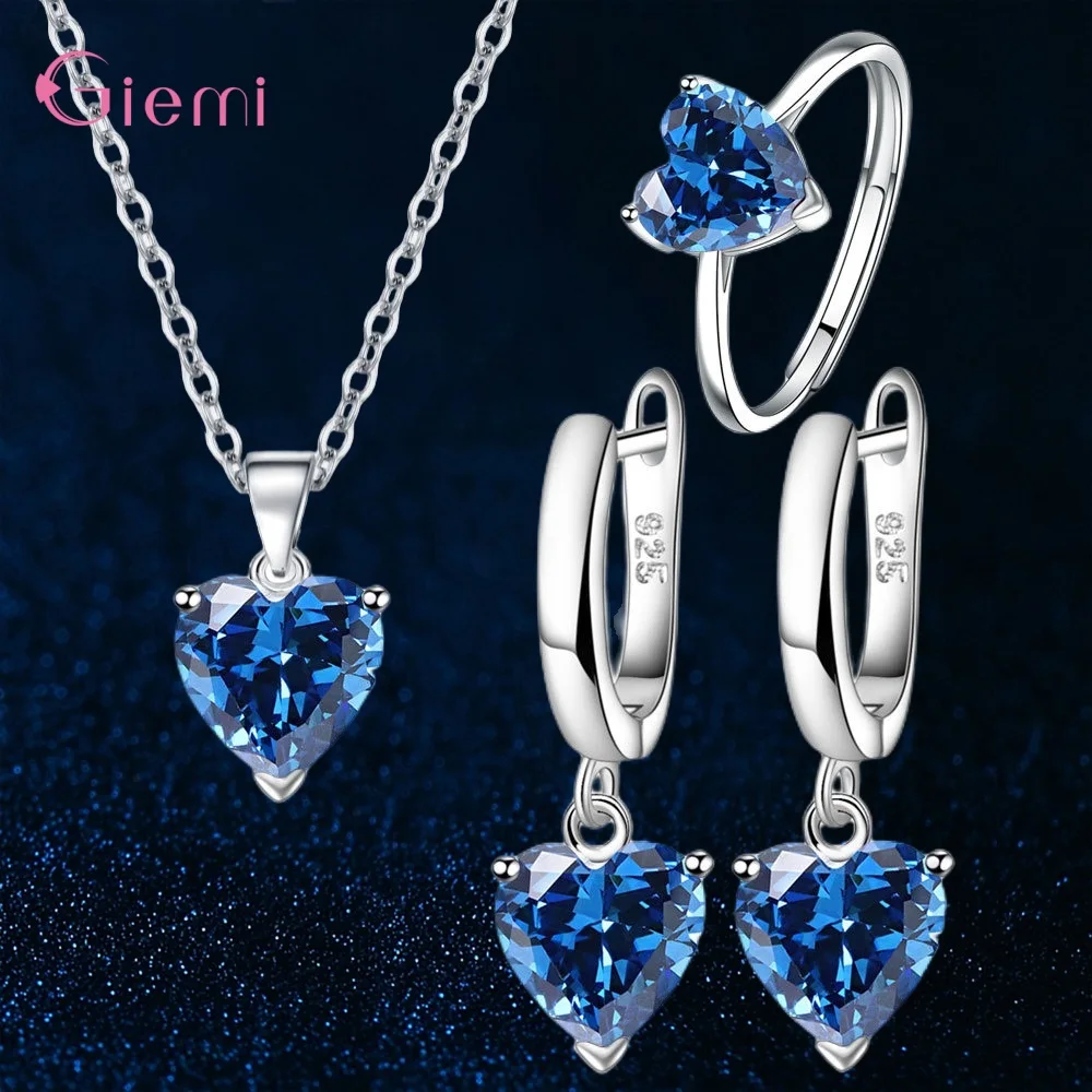 Elegant 925 Silver Jewelry Set with Shiny Crystals - Necklace, Earrings, and Ring