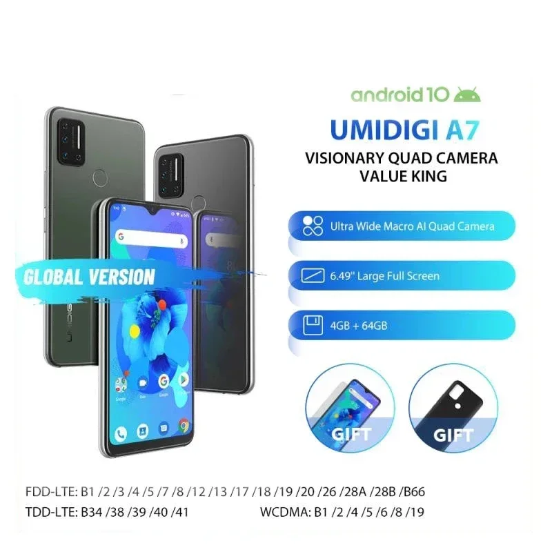 

Global Version UMIDIGI A7 Smartphone 4GB RAM 64GB ROM Android 10 6.49'' Large Full Screen Quad Camera Octa-Core Processor 4G LTE
