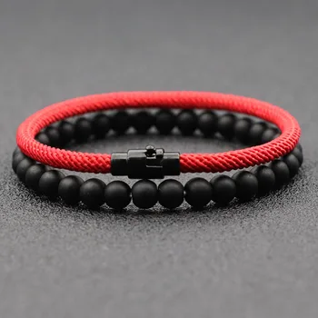 2022 2Pcs Matching Bracelet Set For Men Women 6mm Onyx Stone Braclet 4mm Good Luck Rope Braslet Paired Couple Brazalete Pulseira