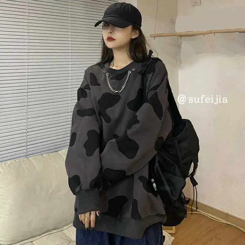 Vintage Loose Printing Hoodies Sweatshirts Spring Autumn New O-Neck Long Sleeve Plus Size Tops Tees Casual Fashion Women Clothes t shirts tees horse mom cow serape striped bleached o neck t shirt tee in multicolor size s xl