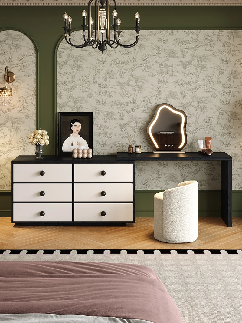 

French Retro Corner Dresser Storage Chest of Drawers Simple Integrated Retractable Solid Wood Makeup Table