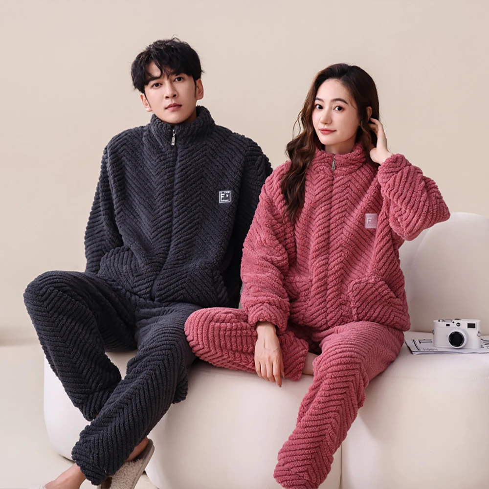 Fashion Zipper Solid Couple Sleepwear 4XL Big Size Men's Winter Pajamas Thicken Flannel Warm Pijamas Set for Women pijama hombre