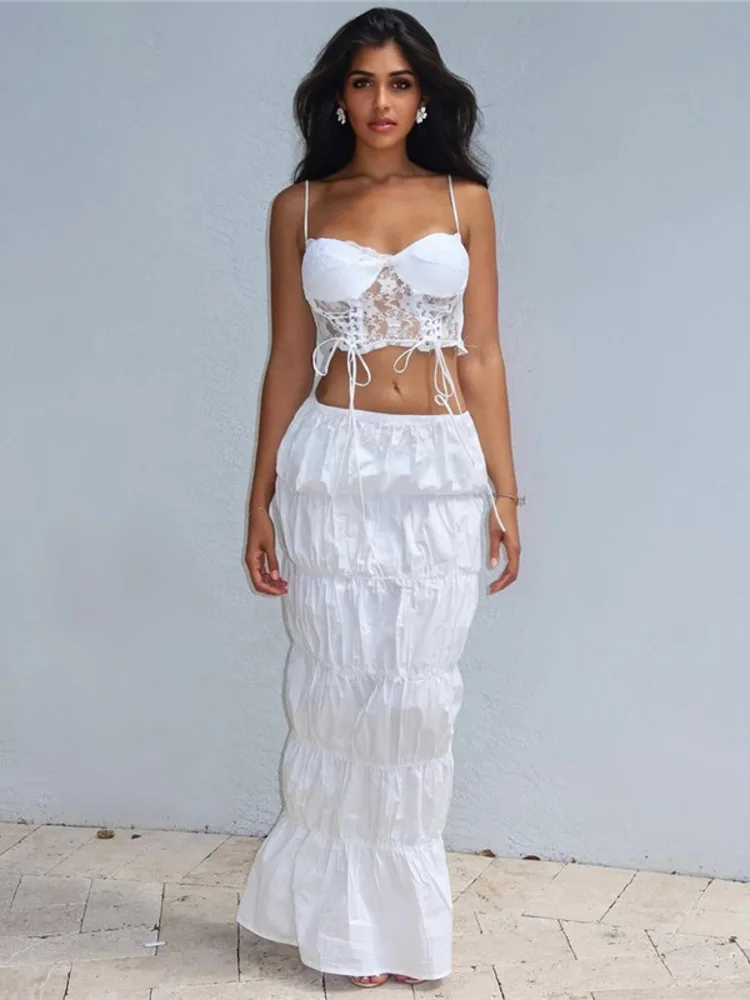 Mozision Fashion Pleated Skirt Two Piece Sets Women Sleeveless Crop Tops And Long Skirt Femme Solid Lace-up Two Piece Sets