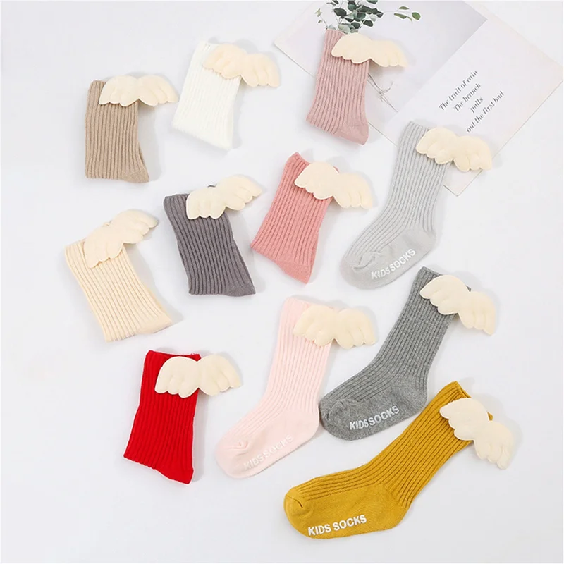 

Toddler Baby Ribbed Knee High Socks, Angel Wings Letter Print Soft Long Stockings for Infant Boys Girls 0-3Years