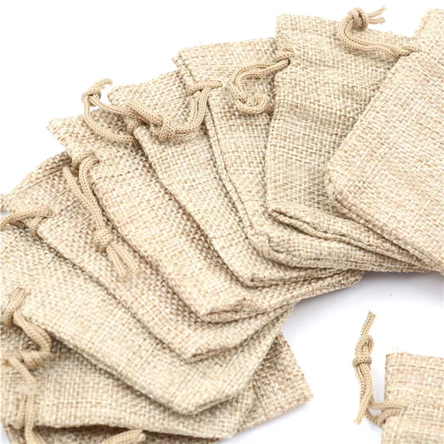 10 db Természetes Zsákvászon Vászon Jute Húzózsákok Ajándék Táskák Zsákok Party Kedvezmények Csomagoló Táska Esküvői Cukorka Kellékek - Image 6
