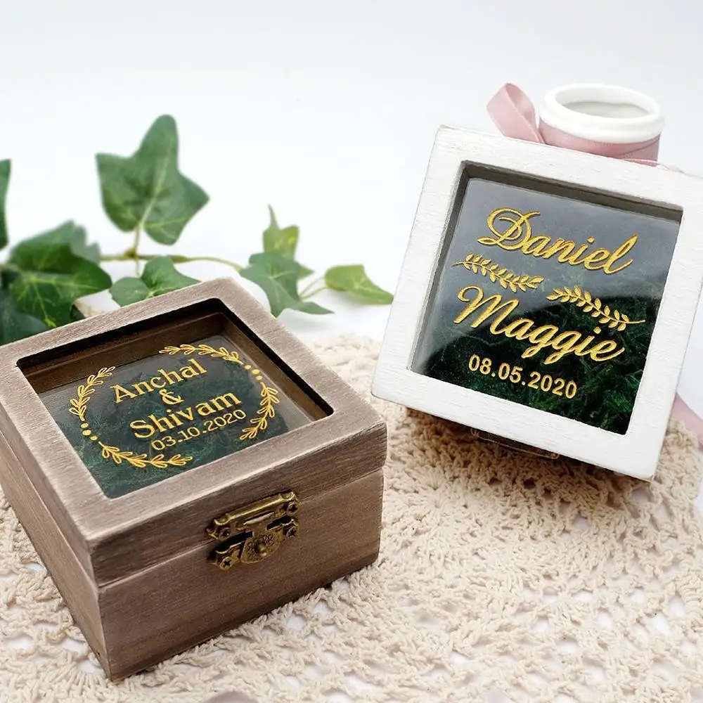 Personalized Wedding Ring Box Engagement Ring Holder Wooden Ring Bearer Box Keepsake Box Rustic Ring Pillow Square Proposal Box