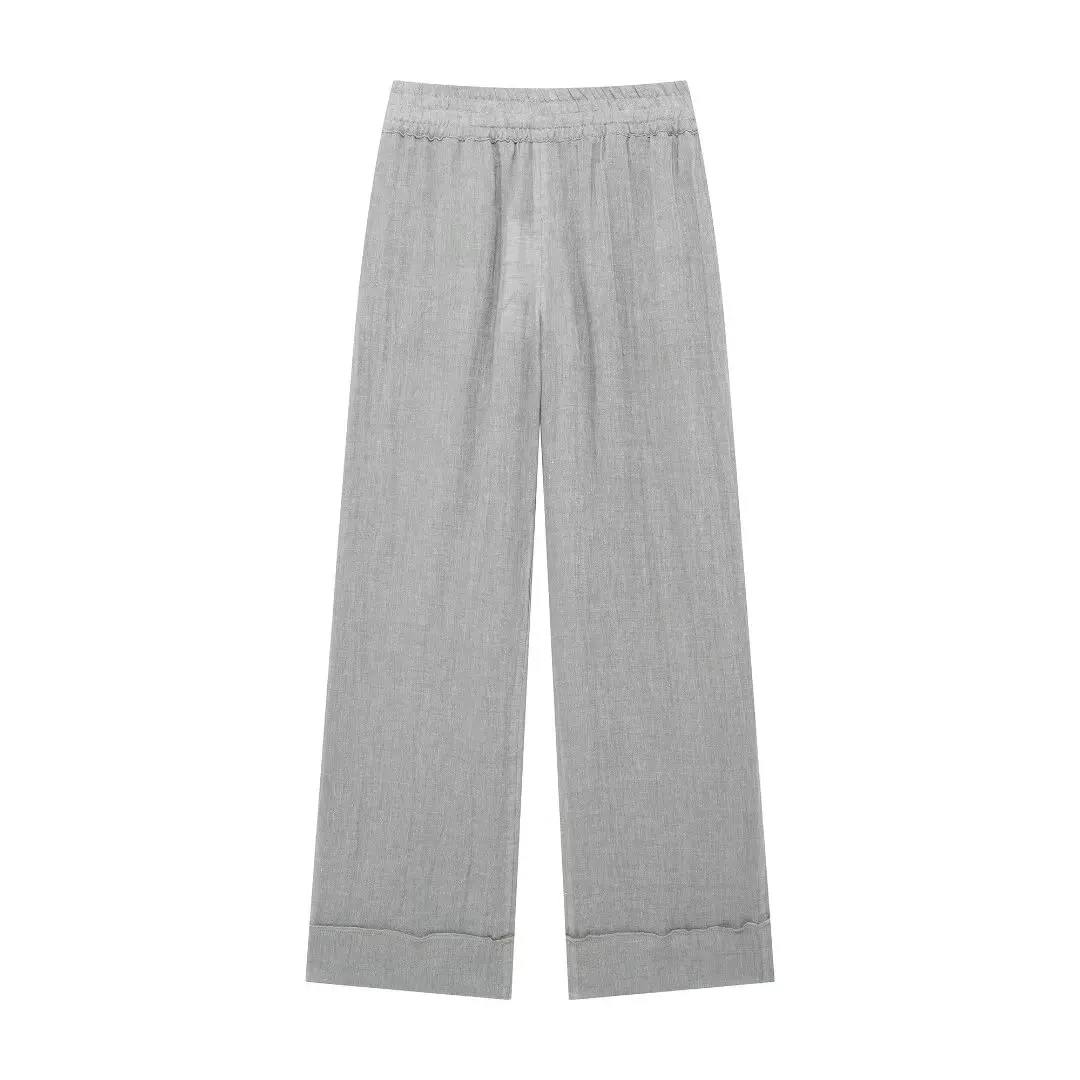 thumbnail image 1 of HH TRAF Camisa suelta de lino de moda para mujer, estilo kimono, gris, cuello en V, mangas largas con cordones, blusa informal asimétrica para mujer, 1 of 5