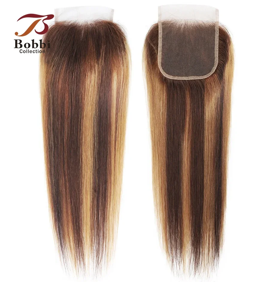 1PC Straight Highlight Human Hair Weave Bundles Brown Blonde Mix Color Lace Closure Frontal Transparent Free Part Bobbi