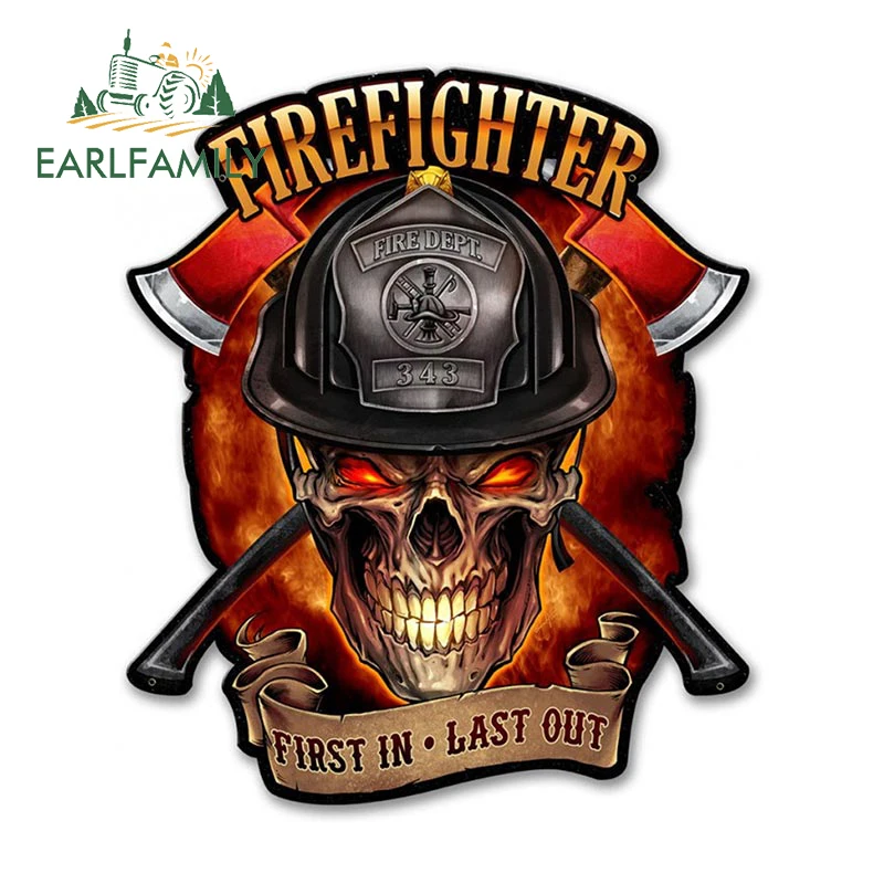 Earlfamily 13Cm X 11Cm 3D Fire Fighter Skull Car Sticker Fire Dept First In Last Out Decal Fire Sign Window Trunk Adesivi In Vinile