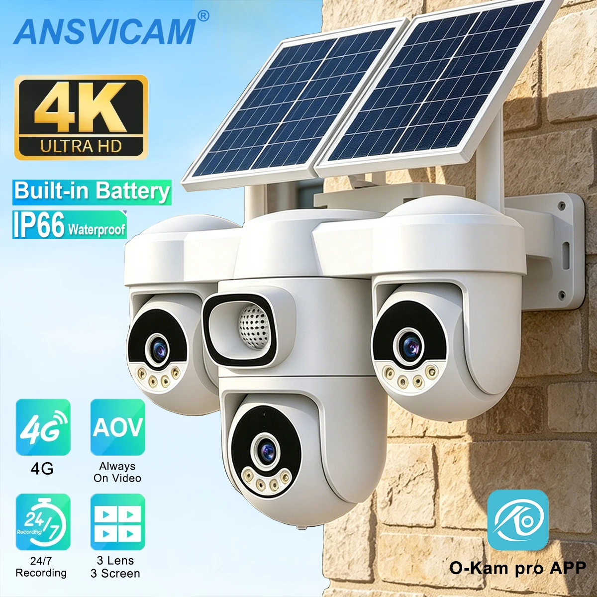 4G 태양광 보안 카메라 20MP 3화면 PTZ 야외 카메라 12배 광학 줌 360도..
