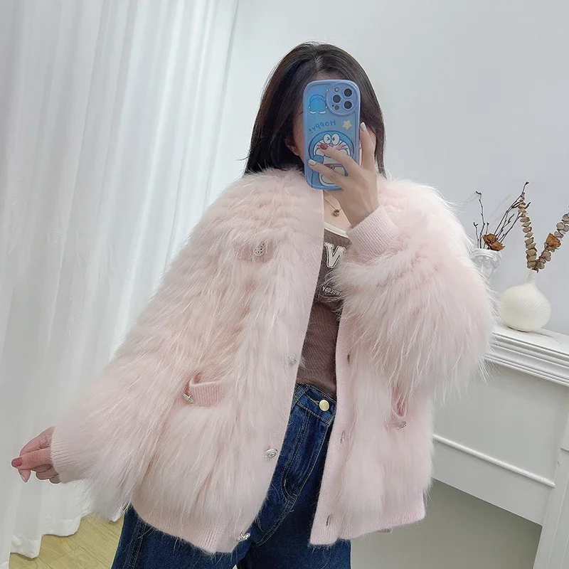 Real Fox Fur Coat Female Raccoon Hair Braided Short Young Solid Fashion Slim Fur Knitted Office Lady Women's Clothes Winter 2023
