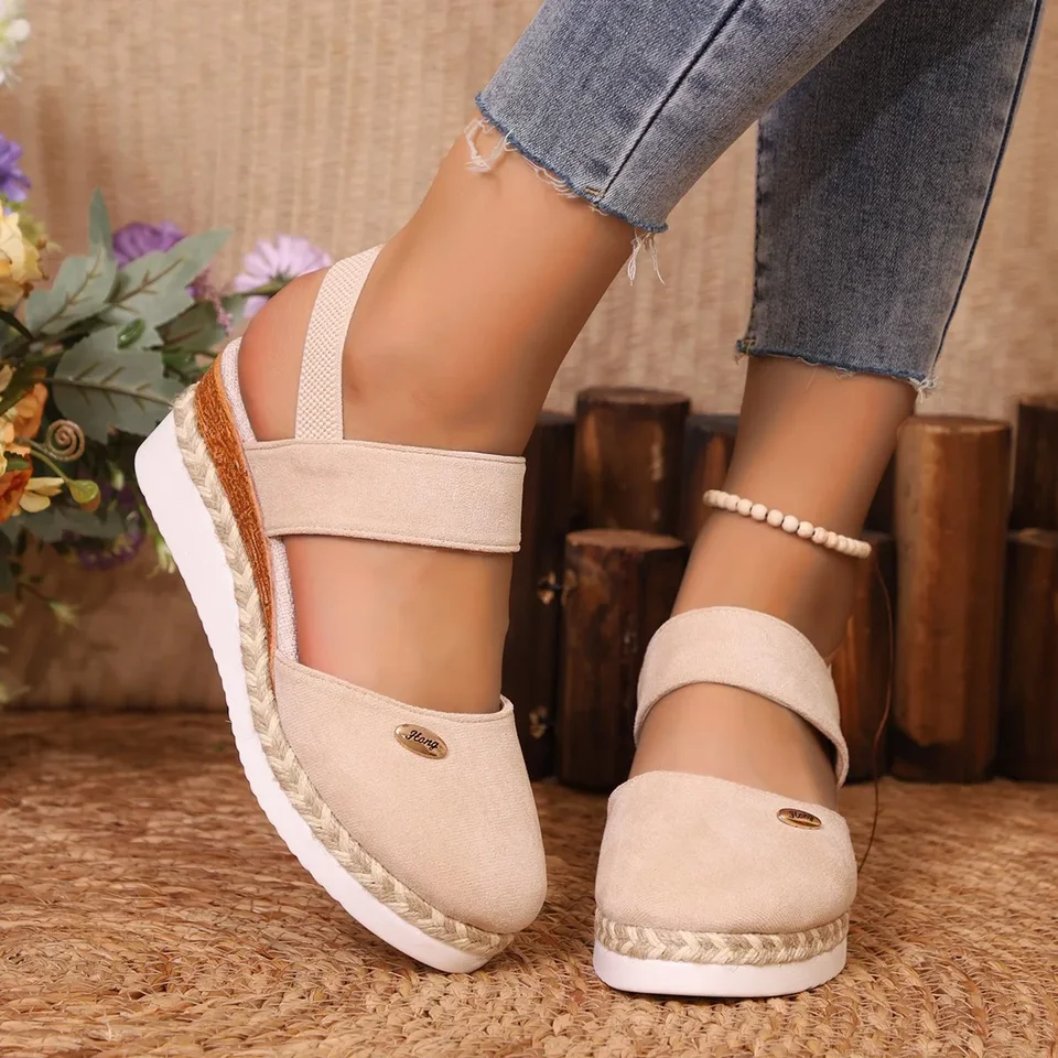 Sandali con zeppa a punta chiusa da donna, scarpe gladiatore estive con cinturino e fibbia, espadrillas alla moda da donna, sandali con plateau da donna_voghion.com