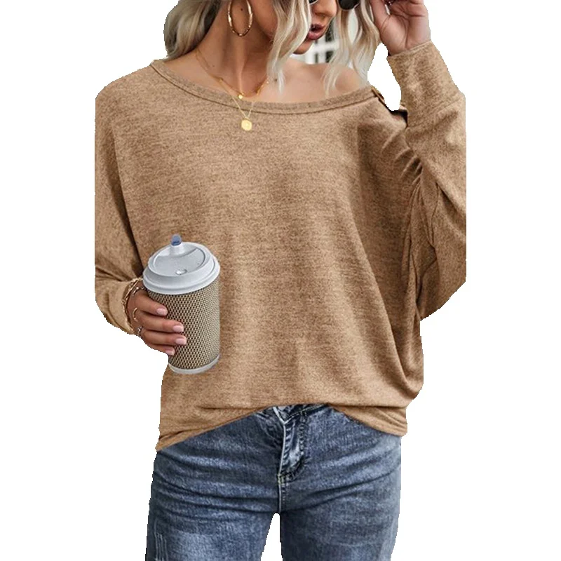 

Autumn New Solid Color Pullover Round Neck Sweater Women's Thin Loose Button Long Sleeve Top Wear