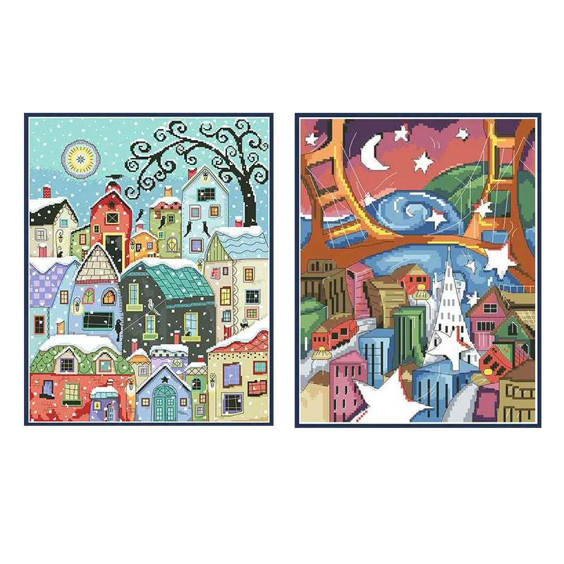 Abstract City View Stamped Cross Stitch Kits Printed Canvas 11CT 14CT Diy Needlework Set Scenery Home Decor Embroidery Paintings