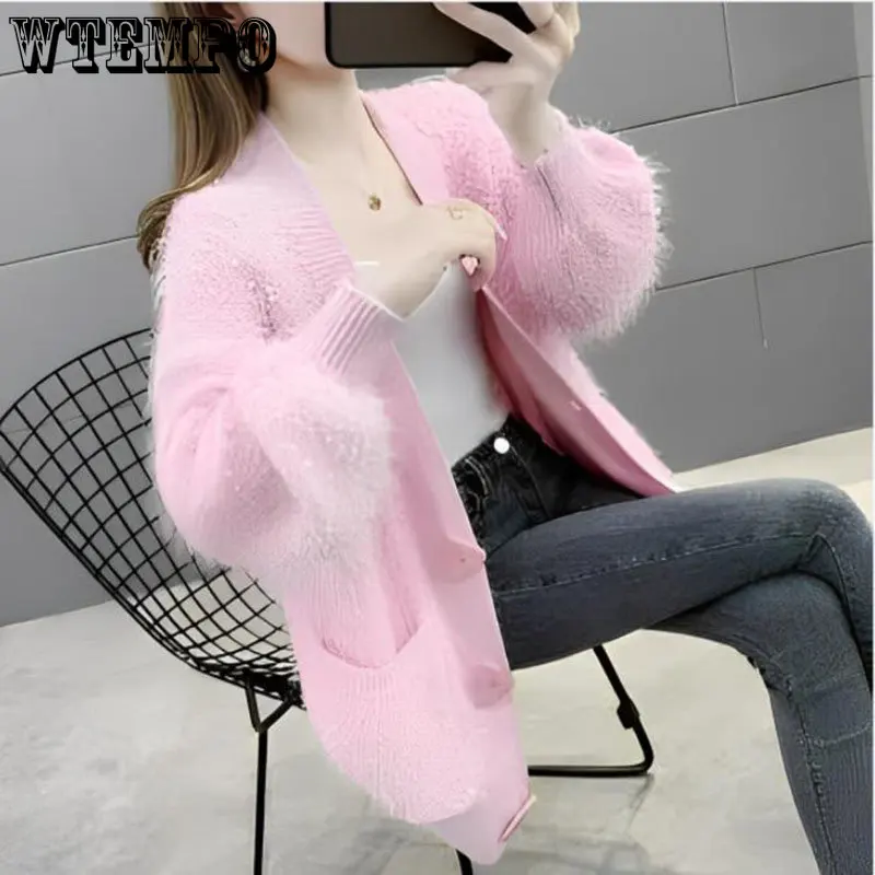 Women's Fuzzy Sweater Jacket with Hood - Pink