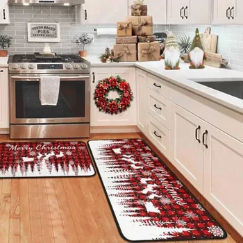Buffalo Plaid Christmas Tree Kitchen Rug Set 1