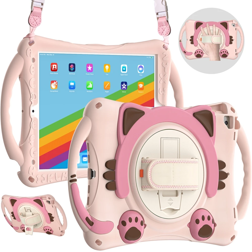 

For Apple iPad 10.2 2019 2020 2021 7th 8th 9th Gen A2602 Case Kids Safe Silicone Shockproof Shoulder Strap Stand Tablet Cover