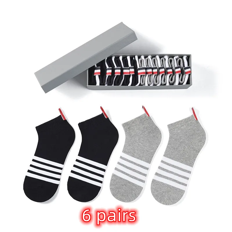 

TB THOM Men's Socks Ins 6 Pairs White 4-bar Stripes Ankle Socks Luxury Brand Fashion Women's Sock Casual Harajuku Stockings