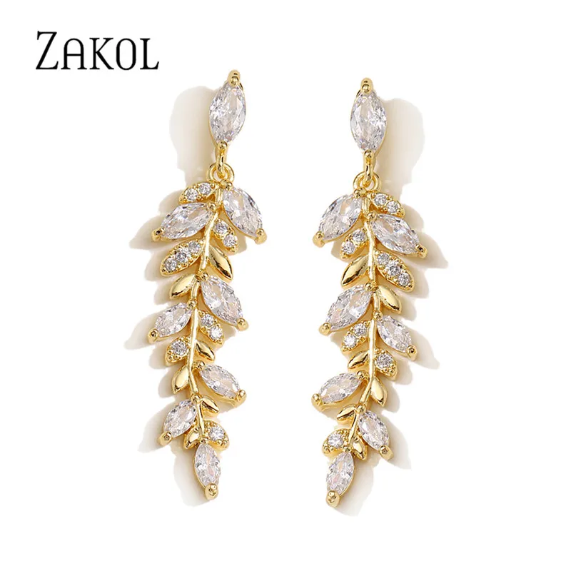 Charm Gold Color Leaves Earrings Women Exquisite Tiny Zirconia Dangle Earring Elegant Korean Crystal Wedding Jewelry dangle earrings