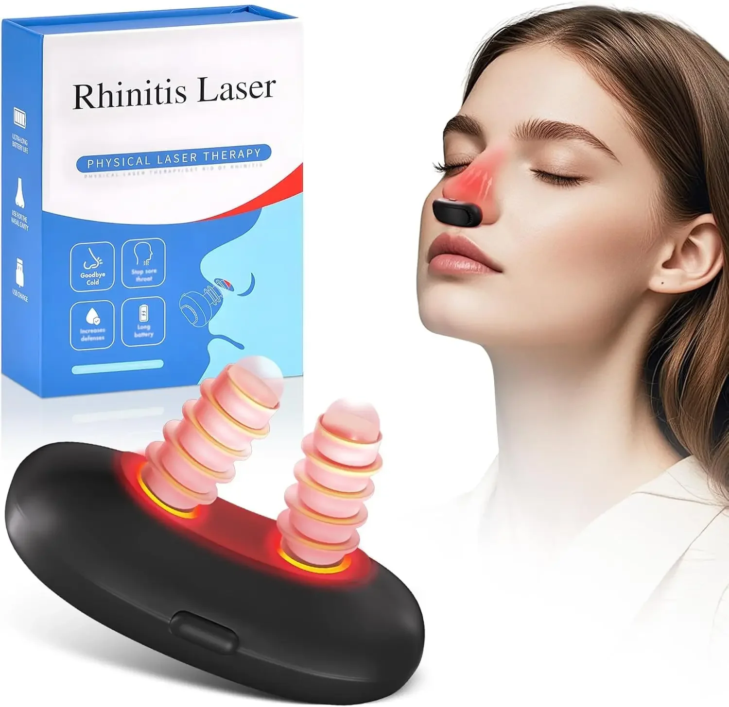 The image showcases a “Rhinitis Laser” device marketed for physical laser therapy aimed at relieving rhinitis symptoms. The composition shows the device with a flexible red attachment and a user inserting it into her nostrils, demonstrating nasal red light/laser therapy.