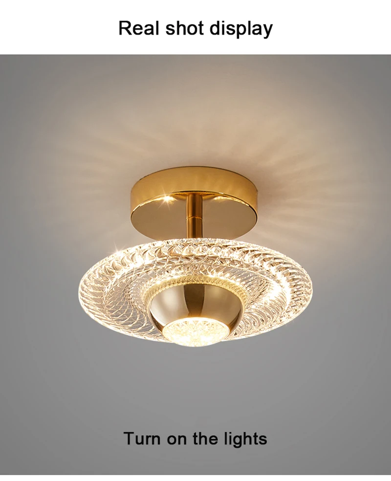 Name: Ceiling LightsLight color:cold light (above 6500k), natural light (4000-6000k), warm light (2200-3500k), 3 light colors (the lamp contains 3 light colors of LED lamp beads, which can be switched between white light, warm light, natural light, etc. light color).Shade/Case Color: Transparent lampshade/gold bodyMaterial:Iron+AcrylicSize: Diameter 20cm, Height 16cmInput voltage: 110V-220VWorking power: 10WUsable area: 3-5 square meters • Colma.do™ • 2023 •