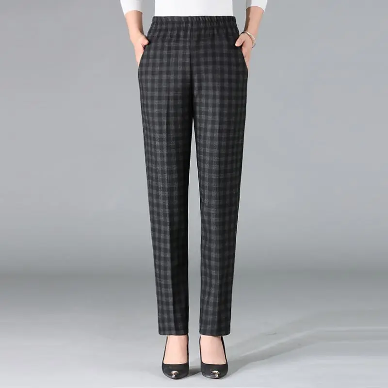 Korean Vintage Women Casual Plaid Pants Spring Autumn New Elastic High Waist Pockets Daily Versatile Fashion Straight Trousers