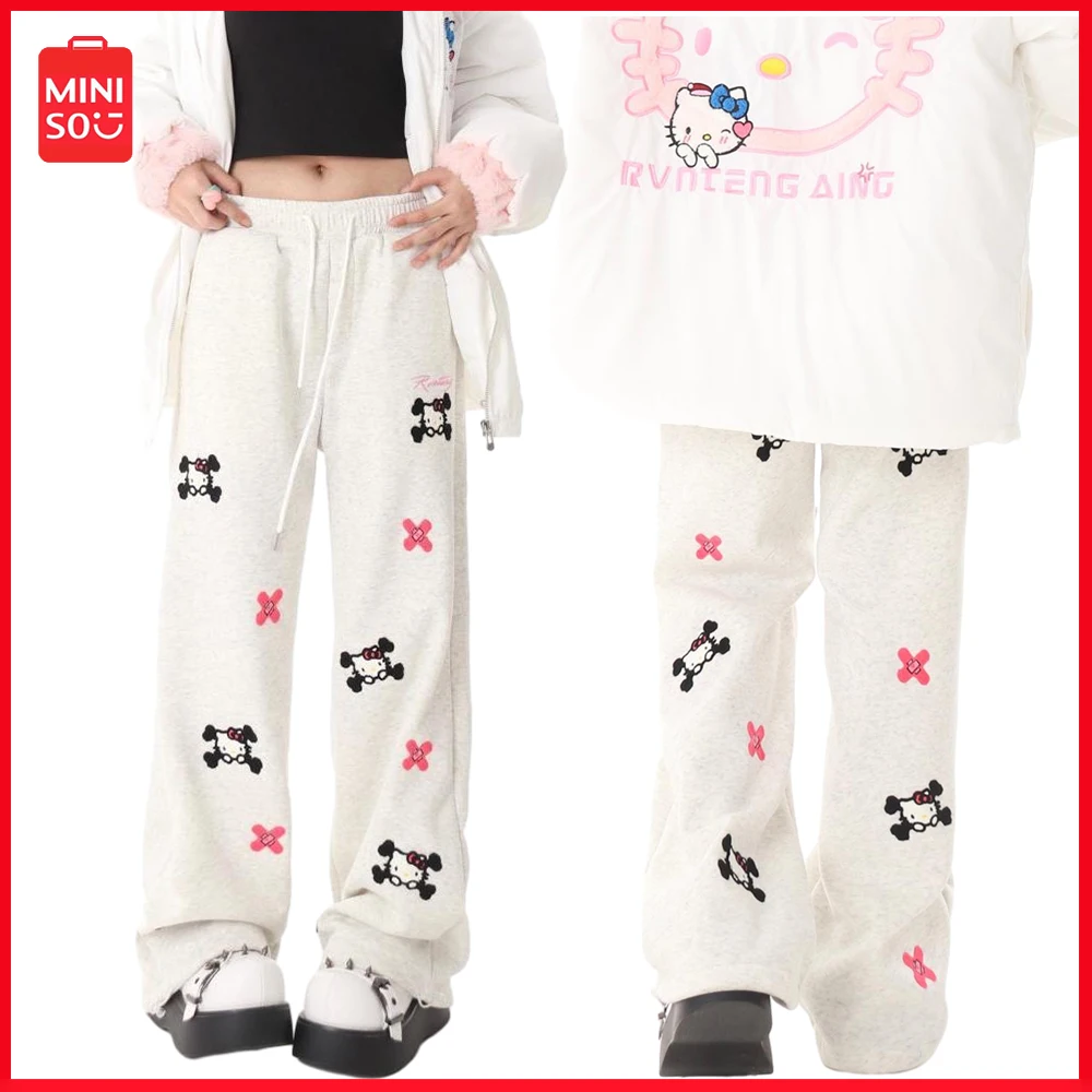 

Sanrio Hellokitty Retro Straight Pants New Embroidered Sweat Pants Women Winter Padded Loose Casual Pants Anime Drawstring Pants