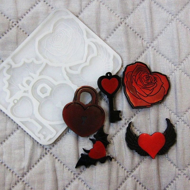Diy Silicone Love Rose Angel Devil Wings Lock Key Epoxy Resin Drop