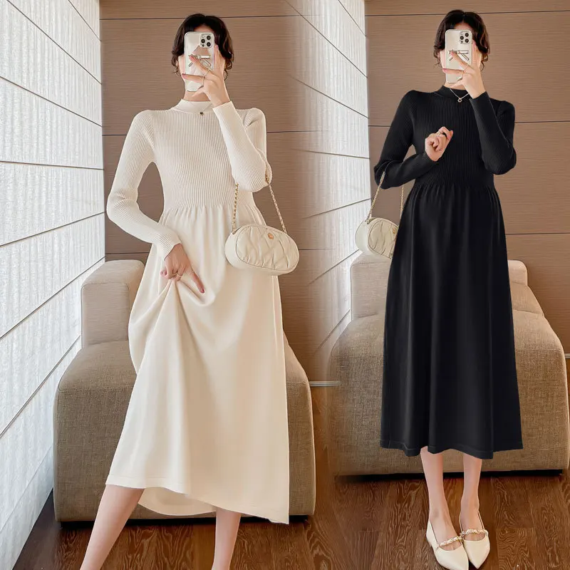 

Maternity Solid Knit Dress For Autumn Winter 2024 New Clothes For Pregnant Women Half High Collar Slim Pregnancy Sweater Dresses