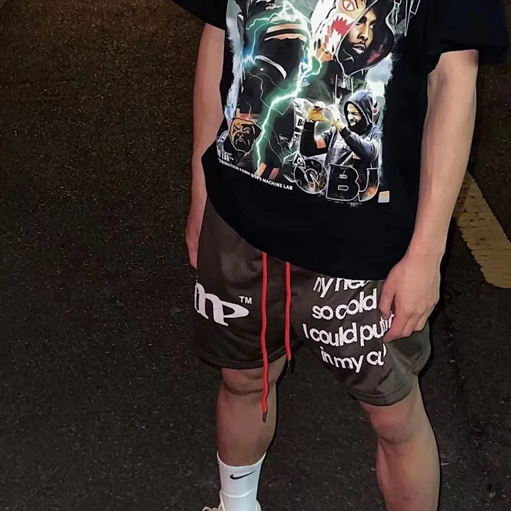 Men's Summer American Hiphop Street Casual Straight Sports Shorts Fashion Loose Letter Printing Breathable Quick-drying Shorts