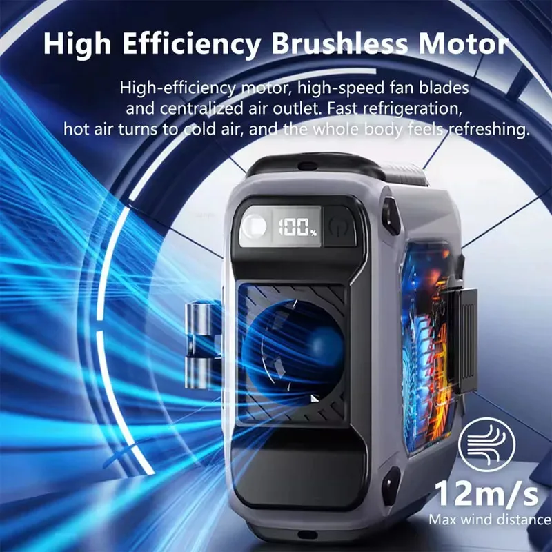 2026Waist Clip Fan Outdoor Portable Hanging Neck Fan Strong Wind with Power Bank LED Lighting for Sports Courier Outdoor Working